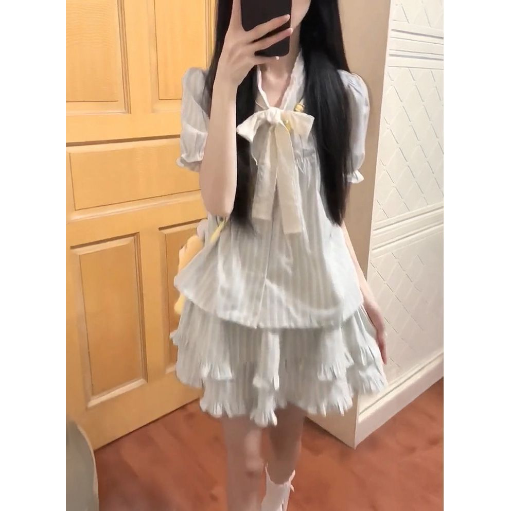 ins日系睡衣女夏季甜妹花边蝴蝶结开衫短袖蛋糕裙家居服学生套装