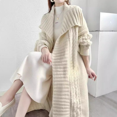 鑫达辉长款针织开衫外套女士宽松法式翻领慵懒风加厚大毛衣外套潮