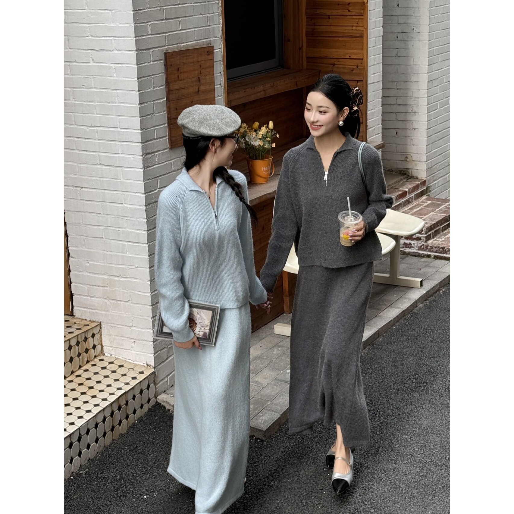 芬娜富秋冬新款休闲韩版慵懒风毛衣时尚女装上衣半身裙针织套装