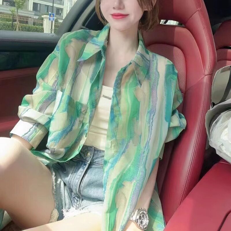 绿色印花天丝防晒衬衫女夏季薄荷曼波风穿搭时尚洋气宽松休闲衬衣