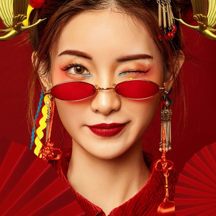 个性国潮风墨镜圆形红色拍照男女