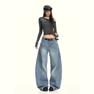 浅浅家风格店 美式复古水洗浅蓝色弯刀牛仔裤女新款宽松阔腿拖地