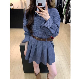小烧同学早秋季穿搭高级感超好看小个字蓝色格子衬衫连衣裙子女装
