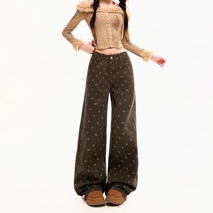 浅浅家美式牛仔裤碎花阔腿设计2025新款秋冬复古休闲宽松拖地长裤
