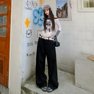 浅浅家风格店 美式复古直筒牛仔裤秋冬季新款宽松百搭高腰阔腿裤