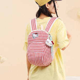 双肩包设计感小众女生大学生格子背包红色KT猫小书包可爱儿童包包