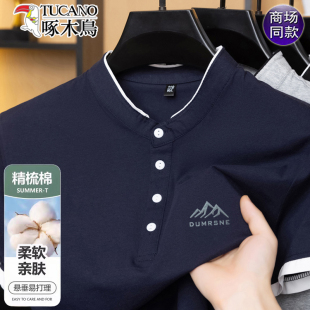 爸爸装 啄木鸟夏季 立领POLO衫 纯棉短袖 百搭上衣 t恤男商务休闲薄款