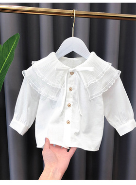 女童春装衬衫2026新款小儿童纯棉长袖衬衣女宝宝娃娃领白色上衣潮