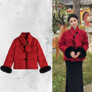 2025冬季新款新中式国风人丝提花围脖石墨烯云绒保暖棉衣外套绝美