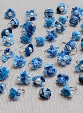 云南大理扎染蓝染布艺戒指手工蓝白染植物染盘扣中式民族风配饰