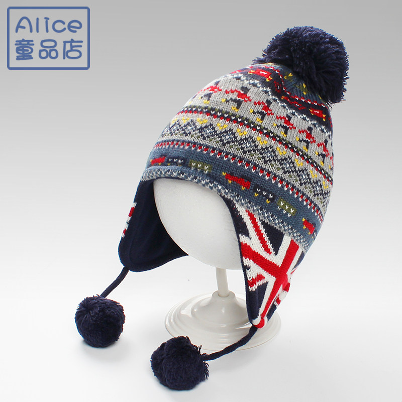 秋冬季韩版婴儿针织帽子儿童加绒护耳帽1-3岁2男孩宝宝套头保暖帽