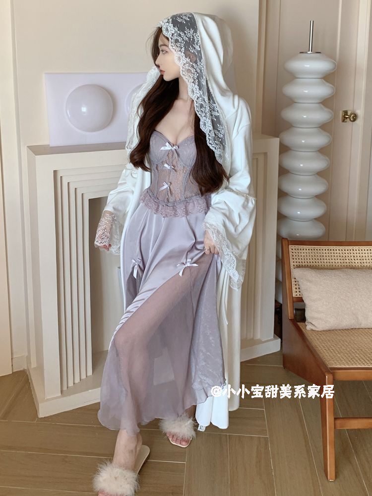 WOMENS AUTUMN AND WINTER LACE ISLAND VELVET SWEET HOODED BATHROBE CHEST PADS GOLDEN PAJAMAS MID-LENGTH DRESSING GOWNS TWO-PIECE SET