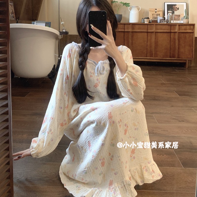 可爱小熊ins婴儿棉纱纯棉睡衣女长袖薄款卡通花边家居服中长睡裙