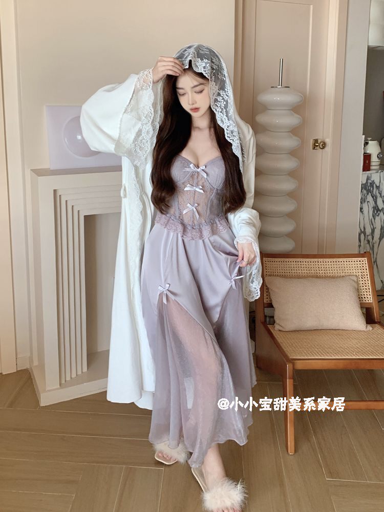 WOMENS AUTUMN AND WINTER LACE ISLAND VELVET SWEET HOODED BATHROBE CHEST PADS GOLDEN PAJAMAS MID-LENGTH DRESSING GOWNS TWO-PIECE SET