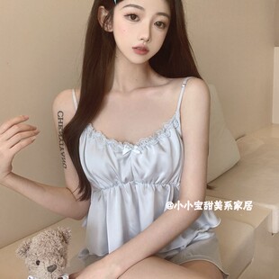 法式 带胸垫纯欲风冰丝家居服 可爱清凉花边性感吊带短裤 睡衣女夏季