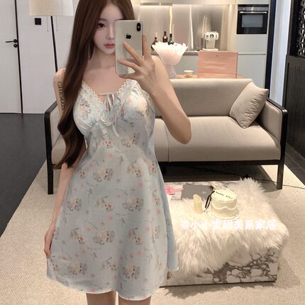 带胸垫可爱猫咪花边吊带睡裙女夏公主冰丝纯欲风甜美少女感家居服