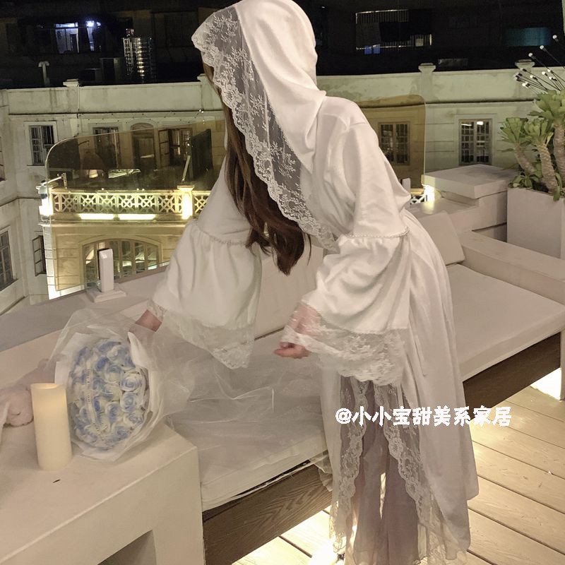 女带胸垫海岛绒睡裙睡袍两件套