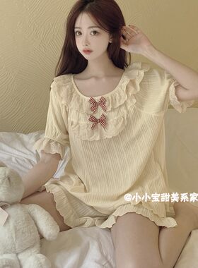 女纯棉花边蝴蝶结睡衣家居服夏季