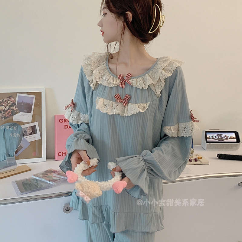 蓝灰日系少女长袖长裤复古家居服