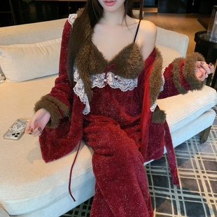 带胸垫睡衣女珊瑚绒加厚毛领睡袍长裤 高级感气质性感纯欲风家居服