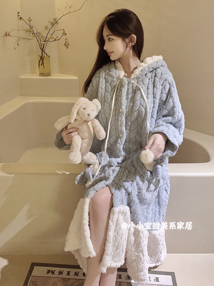 CUTE HOODED BOW PAJAMAS WOMENS AUTUMN WINTER THICKENED FLANNEL SWEET MIDI LENGTH DRESSING GOWN BATHROBE LOUNGEWEAR