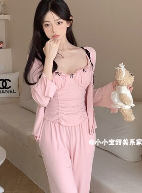 BM风纯欲公主风睡衣女春夏三件套带胸垫蝴蝶结甜美莫代尔棉家居服