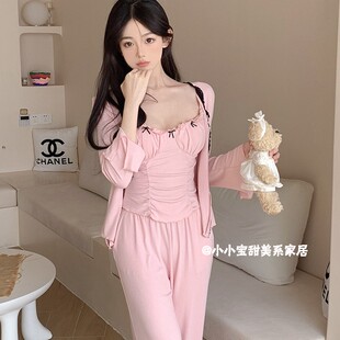 BM风纯欲公主风睡衣女春夏三件套带胸垫蝴蝶结甜美莫代尔棉家居服