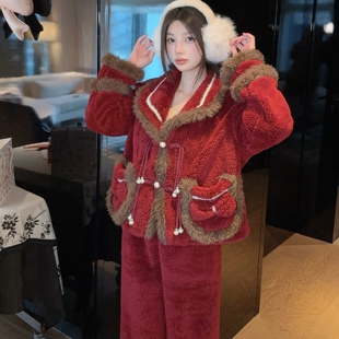 圣诞新年红色睡衣女秋冬珊瑚绒加厚洋气带胸垫性感可外穿家居服