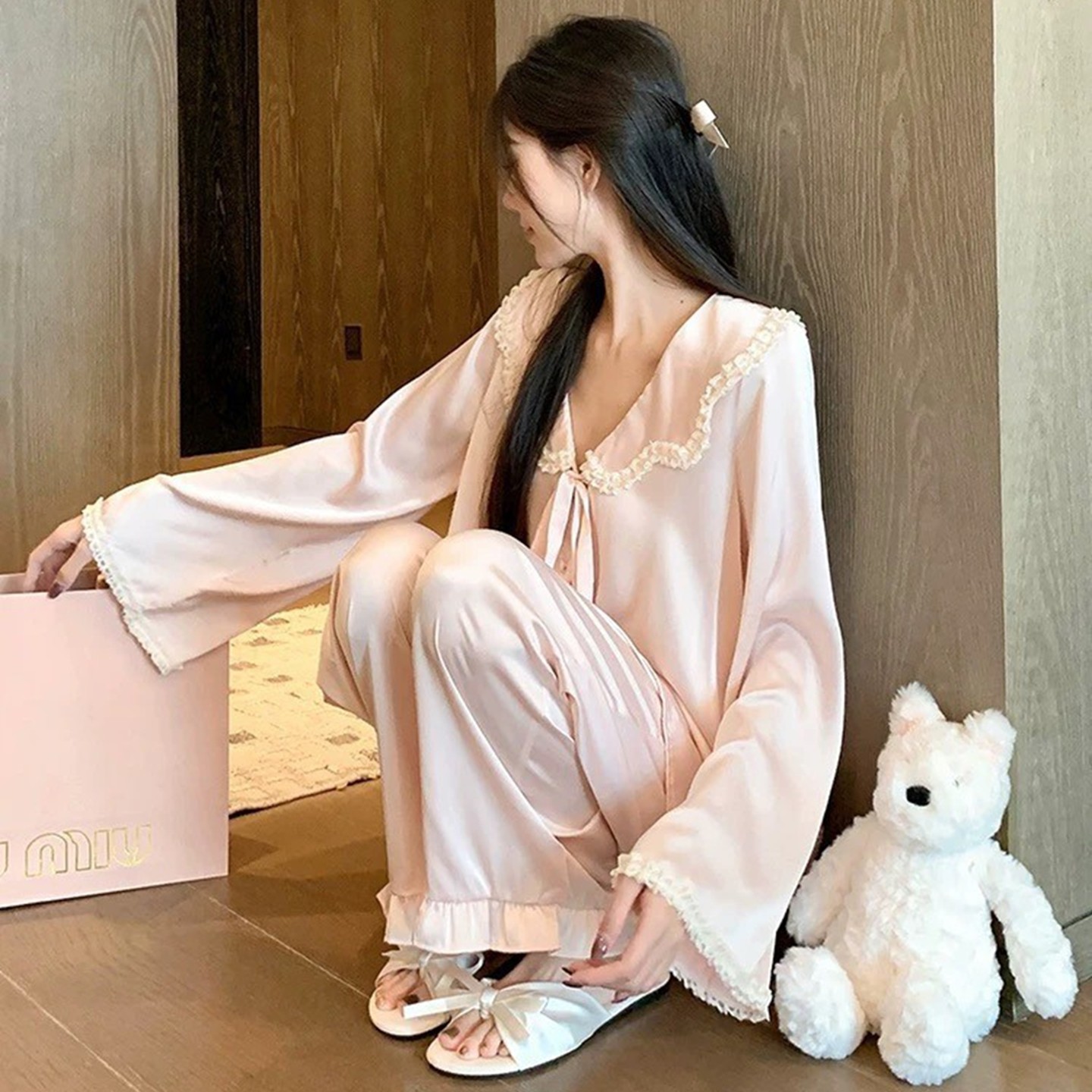 法式可爱娃娃领甜美公主风花边睡衣女少女心长袖冰丝新款家居服图片