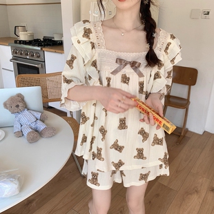 新款韩版小熊甜美可爱日系ins女夏睡衣短袖薄花边纯棉纱布家居服