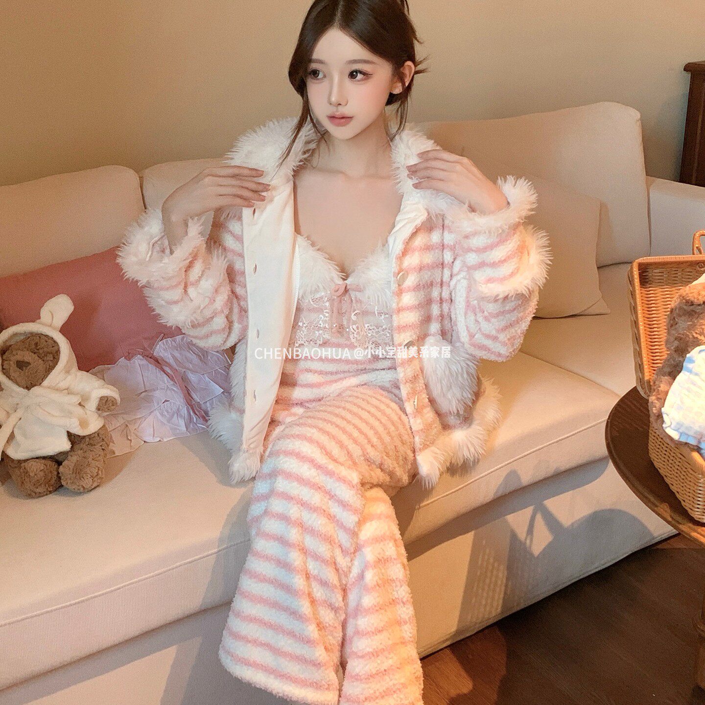 纯欲风甜美可爱公主风睡衣女冬加睡衣/家居服套装
