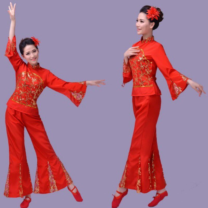 红色秧歌服鸡爪服映山红舞蹈中国风中老年广场舞晚会民族舞台套装
