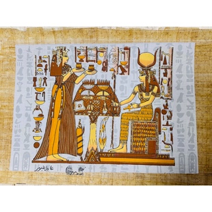 现货古埃及壁画手工纸莎草画五彩金粉夜光效果伊西斯引领尼菲塔丽