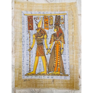 现货古埃及壁画手工纸莎草画五彩金粉夜光效果荷鲁斯引领尼菲塔丽