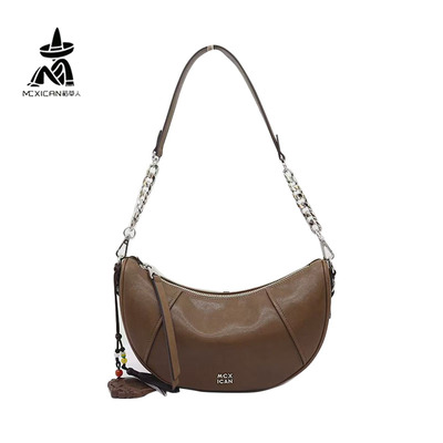 稻草人牛皮女包2025冬季新款梳子挂件腋下包单肩斜挎月牙包牛角包