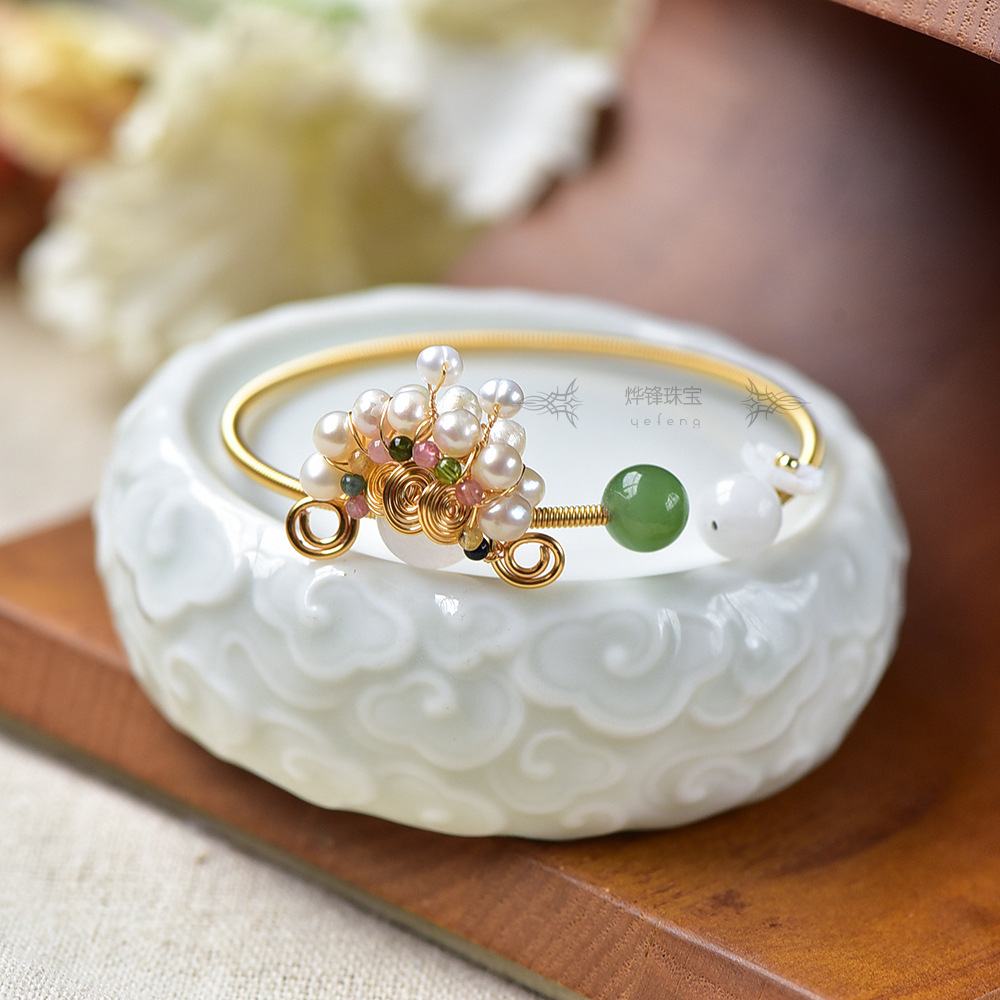 国风 天然大颗粒和田玉手镯 碧玉珍珠碧玺 刀马旦贝壳小花14k包金