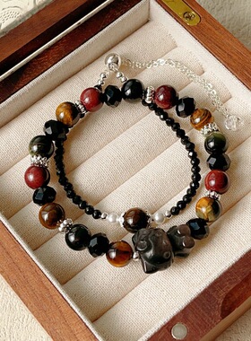 天然金曜石猫手链彩色虎眼石文艺复古手链大颗粒百搭男女款礼