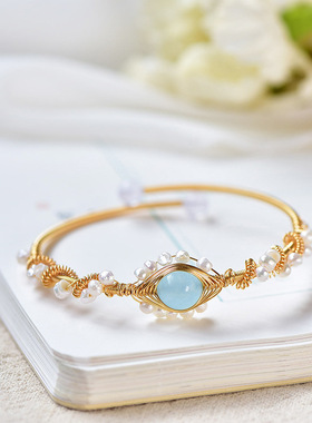 海蓝宝 海蓝玉髓 14k包金 原创设计珍珠手镯 金线手工 工艺品