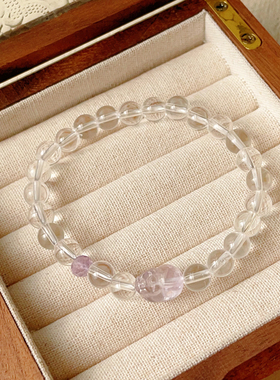 天然白水晶手串双 淡紫色紫水晶雕刻貔貅 简约水晶手链 手串