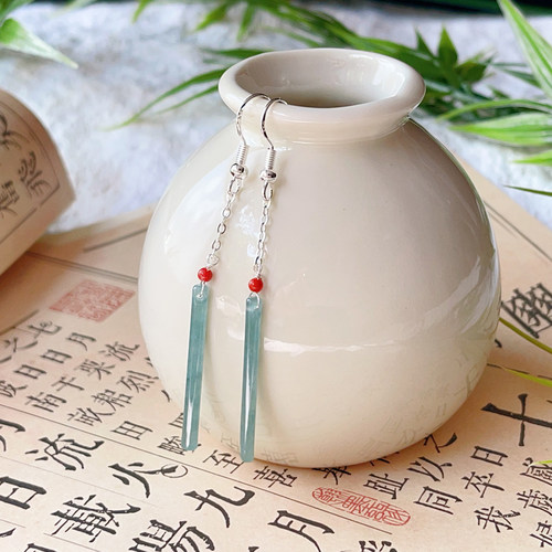 性价比！天然a货蓝水翡翠通透体长条气质修饰脸型耳环一对