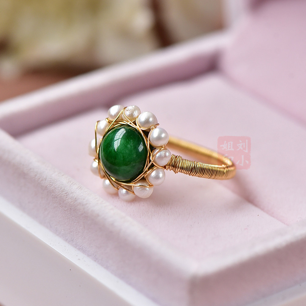翡翠干青天然淡水珍珠14K戒指指环原创设计乔欣同款 时尚戒子