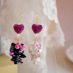 MISS朴|黑白天使恶魔HelloKitty可爱童趣卡通独特创意银耳环耳夹