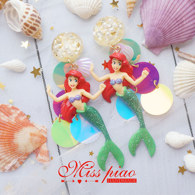 朴小姐原创设计手作梦幻唯美人鱼公主夸张小仙女925银耳钉耳夹