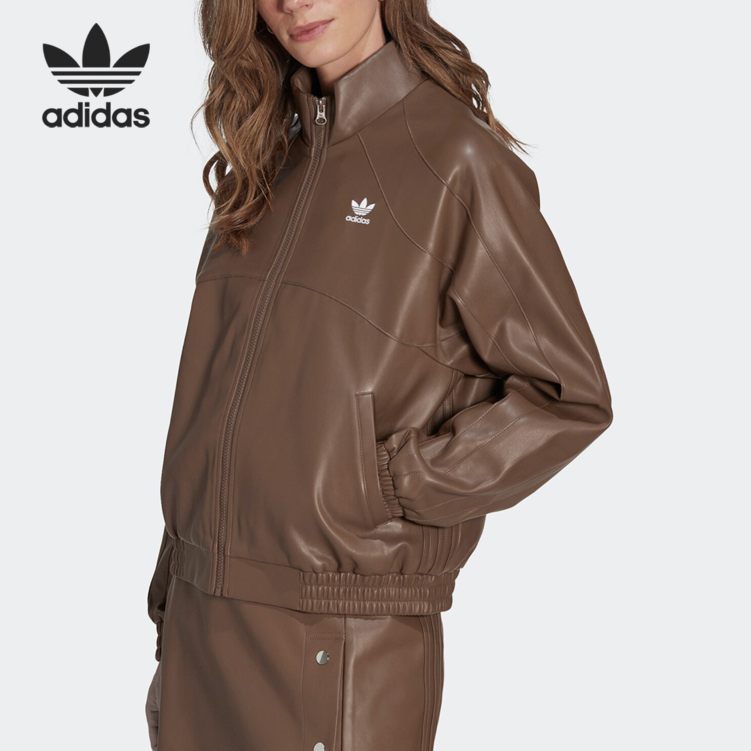 Adidas/阿迪达斯正品三叶草女士复古休闲皮衣立领夹克II6102