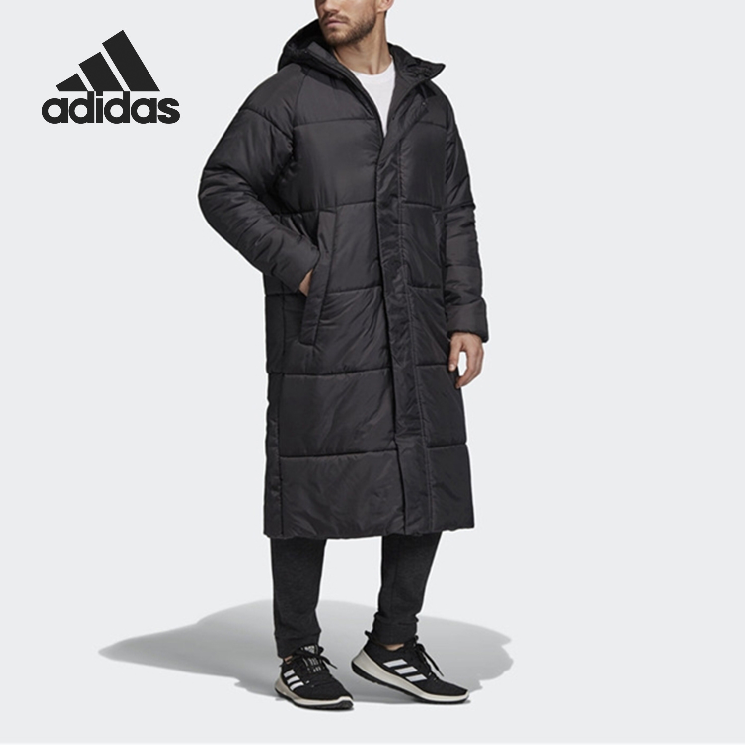 阿迪达斯男子中长款保暖连帽棉服