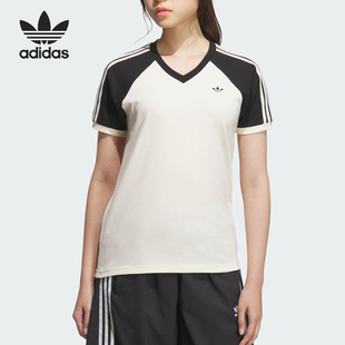 Adidas/阿迪达斯正品三叶草女士V领日常拼接透气休闲短袖KF0316