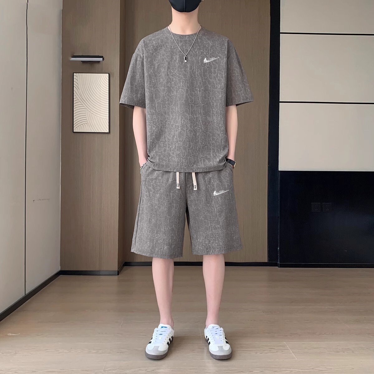 耐克顿休闲套装男士夏季新款做旧时尚短袖短裤宽松百搭运动两件套