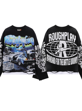 Roughplay美式嘻哈风赛车印花打底宽松休闲假两件长袖男女T恤