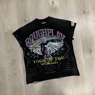 RoughPlay Tour Sleeveless街头潮牌破洞烫钻宽松休闲坎肩无袖T恤