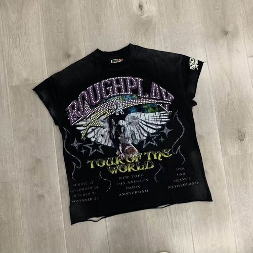 RoughPlay Tour Sleeveless街头潮牌破洞烫钻宽松休闲坎肩无袖T恤